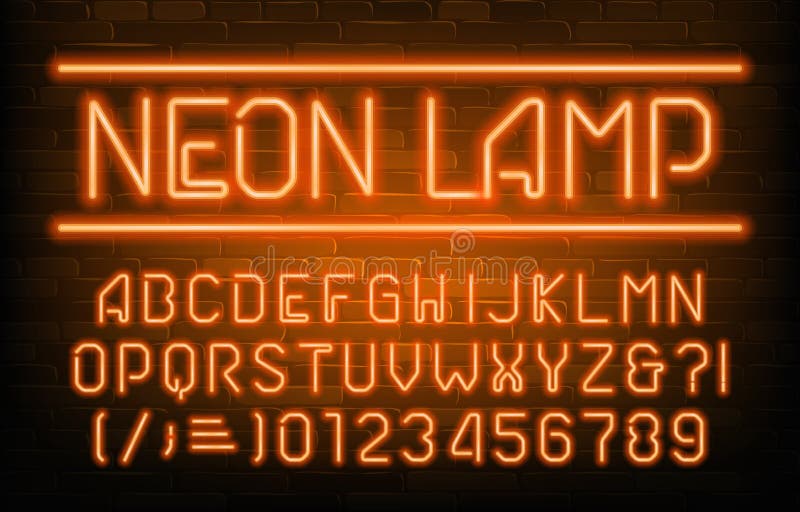 Neon Lamp alphabet font. Orange neon light letters, numbers and symbols. Brick wall background. Stock vector typescript for your typography design. Neon Lamp alphabet font. Orange neon light letters, numbers and symbols. Brick wall background. Stock vector typescript for your typography design.
