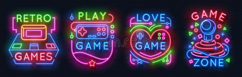 Neonspielzeichen Retro- Videospielzone, glühende Embleme des Spielerraumes, Nachtlichtaufkleber Vektor glühende Gamerikonen vektor abbildung Neonspielzeichen Retro- Videospielzone, glühende Embleme des Spielerraumes, Nachtlichtaufkleber Vektor glühende Gamerikonen vektor abbildung