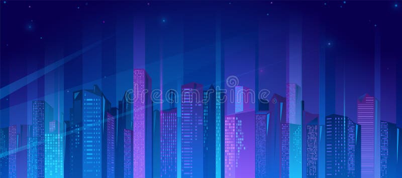 Neonstadtvektordarstellung. Nachtstadtbild mit leuchtend-leuchtenden Neon-Lila- und Blau-Lichterketten vektor abbildung
