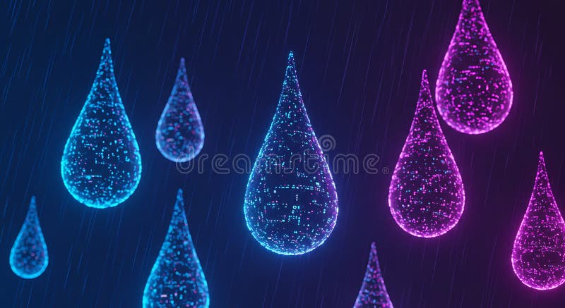 Neontropfen in blau und rosa schweben vor dunklem Hintergrund. Jede Tropfe stock abbildung