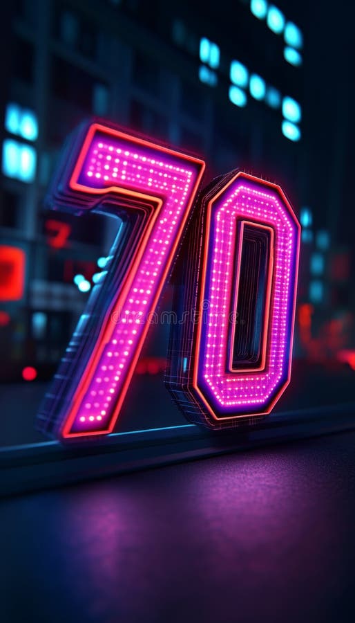 Neonul 70 strălucitor pe un fundal al orașului pentru festivități aniversare stock illustration
