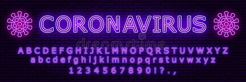 Neonzeichen in Form eines Coronavirus, mit Inschrift Enthält ein Neonalphabet und Zahlen lizenzfreie abbildung