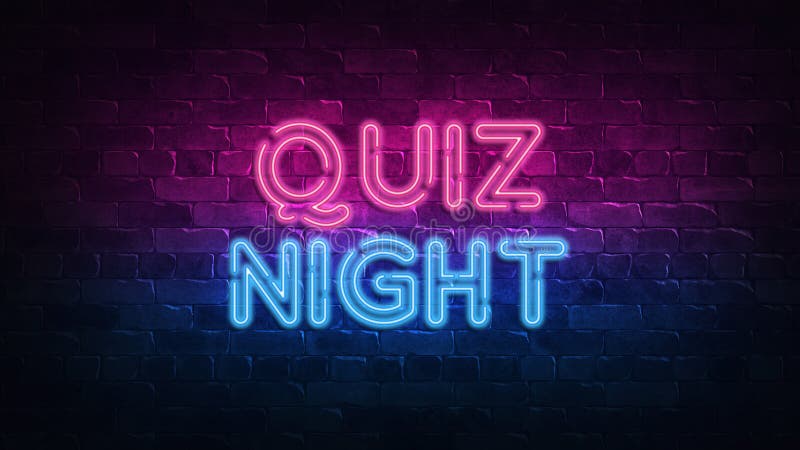 Neonzeichen Quiz Night violett-blaues Licht Neontext Ziegelwand mit Neonlampen beleuchtet Nachtbeleuchtung an der Wand 3d stock abbildung