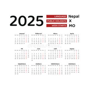 Nepal Calendar 2025 Week Starts From Monday Vector Graphic Design Stock Illustration