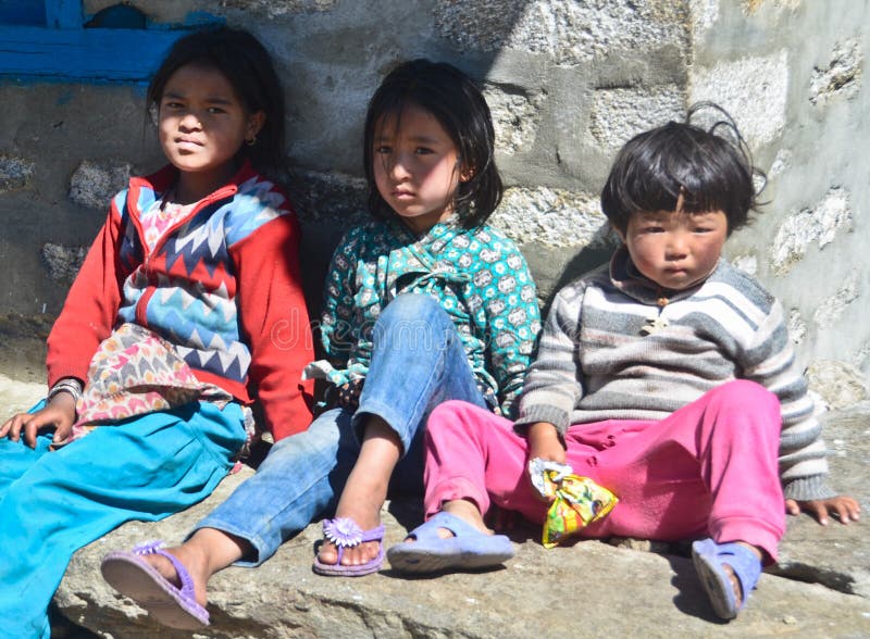 Nepali kids along the Everest trail royalty free stock image