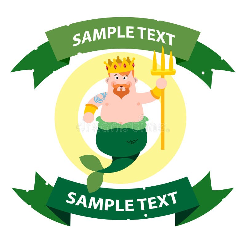 Neptune with ribbon banner. Cartoon character is king of the sea. Cartoon drawing for gaming mobile applications vector illustration Neptune with ribbon banner. Cartoon character is king of the sea. Cartoon drawing for gaming mobile applications vector illustration