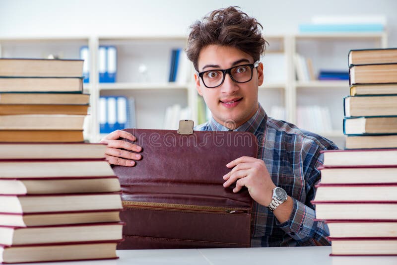 The nerd funny student preparing for university exams