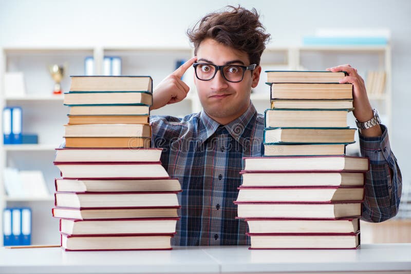 The nerd funny student preparing for university exams. Casual, desk.