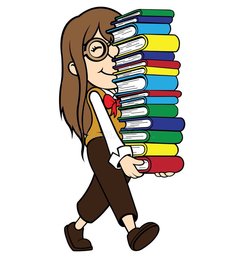 Roztomilý cel-zatienené ploché vektorové ilustrácie kreslené šťastný blbecek dievča účtovná hromadu kníh.
