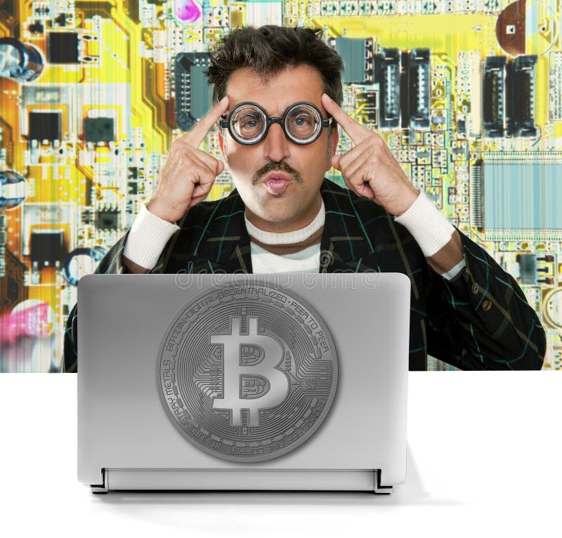 Nerd hacker with Bitcoin BTC glasses in circuit royalty free stock image