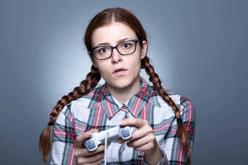 Nerd Woman with Gamepad stock image