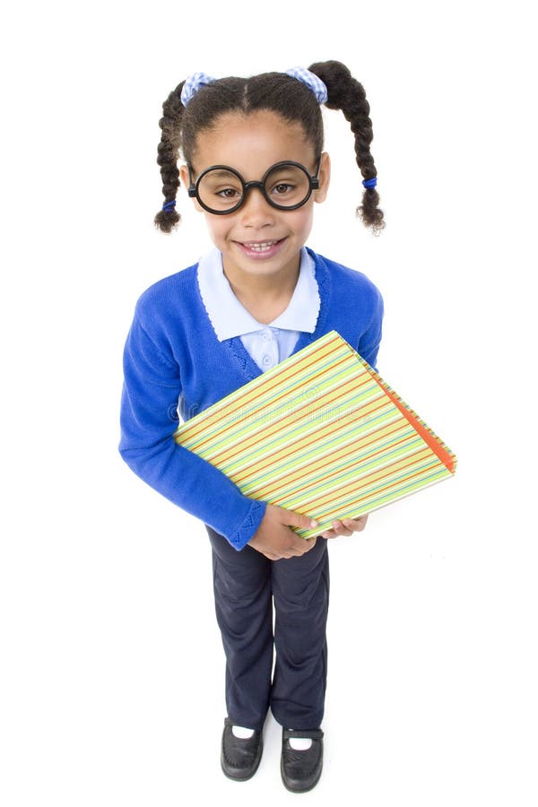 School girl in her uniform wearing large spectacles. Standing file folder stock images, royalty-free photos and pictures