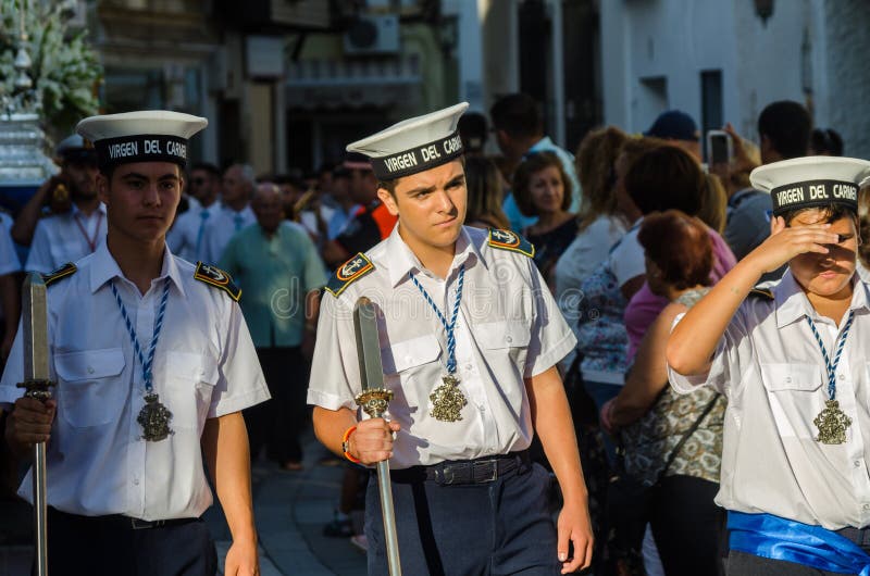 NERJA, SPAIN - JULY 16, 2018 annual parade in the coastal Andalusian town on the occasion of a pilgrimage with the sculpture royalty free stock image NERJA, SPAIN - JULY 16, 2018 annual parade in the coastal Andalusian town on the occasion of a pilgrimage with the sculpture royalty free stock image