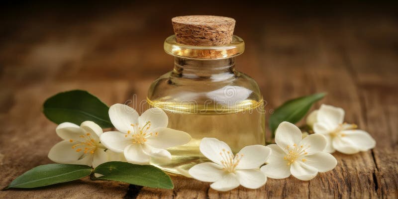 Neroli или Bitter Orange Essential Oil в стеклянной бутылке, окруженной изысканными белыми цветами. иллюстрация штока