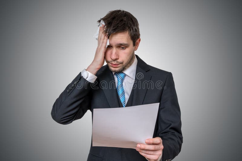 Nervous man is afraid of public speech and sweating.