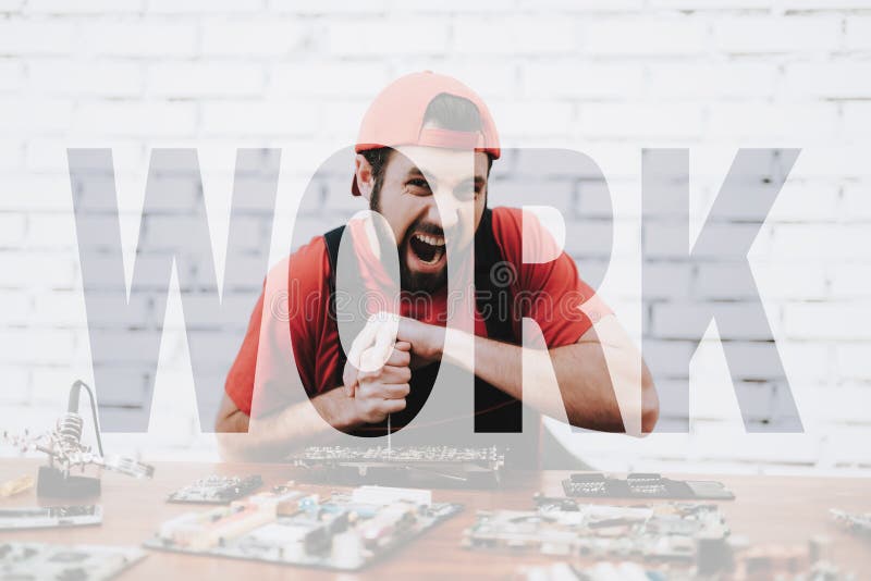 Nervous Worker Destroys Hardware with Screwdriver. stock photos Nervous Worker Destroys Hardware with Screwdriver. stock photos