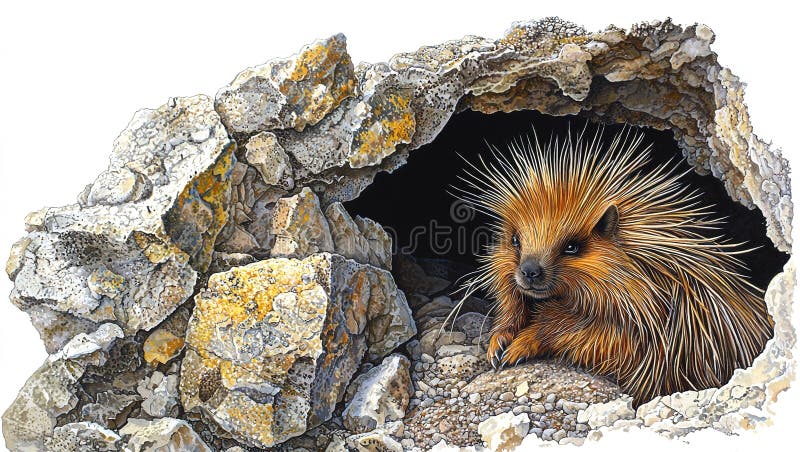 A curious hedgehog peeks out from its rocky den in a serene natural setting during a sunny afternoon royalty free stock images
