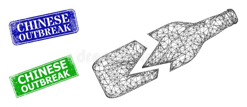 Scratched Chinese Outbreak Seals and Polygonal Mesh Broken Beer Bottle