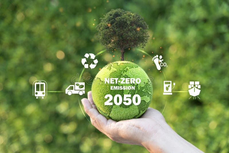 Net Zero Emissions by 2050. Businessman hands and finger touch earth sphere hologram, empty copy space stock images