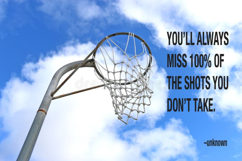Netball goal ring and net against a blue sky and white clouds with a quote