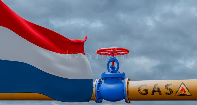 Netherlands gas, valve on the main gas pipeline Netherlands, Pipeline with flag Netherlands, Pipes of gas from Netherlands, 3D vector illustration