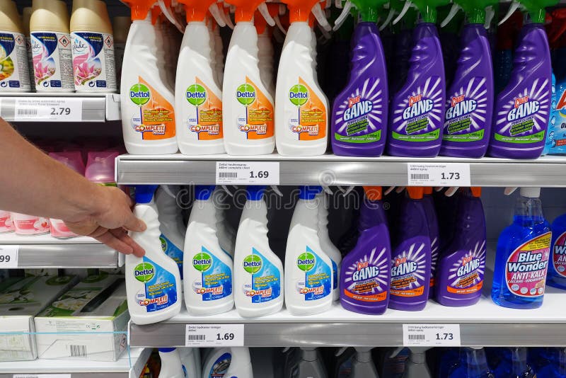 Bottles of Cillit Bang cleaning products, produced by Reckitt