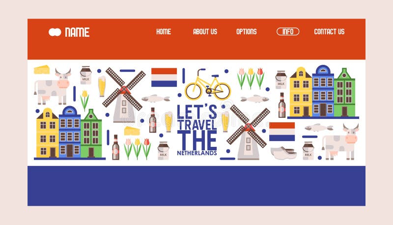 Netherlands travel icons, vector illustration. Tour agency website design, landing page template in colors of Dutch flag stock illustration Netherlands travel icons, vector illustration. Tour agency website design, landing page template in colors of Dutch flag stock illustration