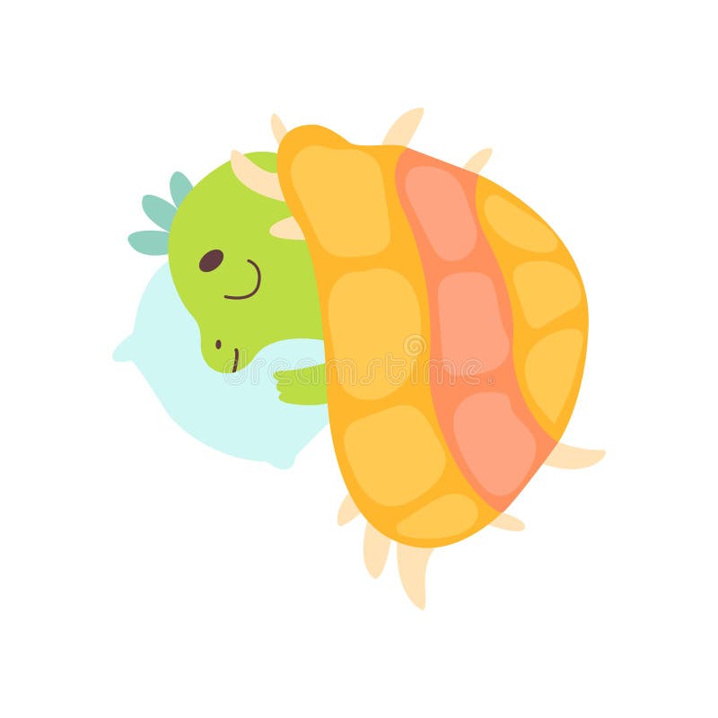 Nett wenig Dino Sleeping auf Kissen unter Decke, entzückende Baby-Dinosaurier-Charakter-Vektor-Illustration stock abbildung