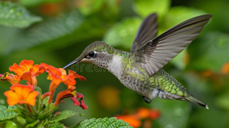 Nettare di sorsetto di colibrì con gola di ruby ottenuto da fiori di arancio vibranti royalty illustrazione gratis