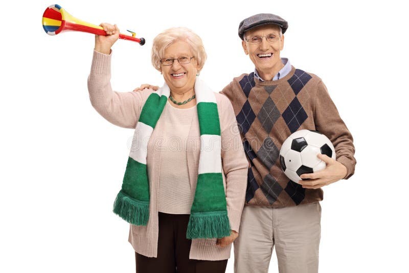 Nette Altere Fussballfans Mit Einer Trompete Und Einem Fussball Stockbild Bild Von Trompete Fussballfans