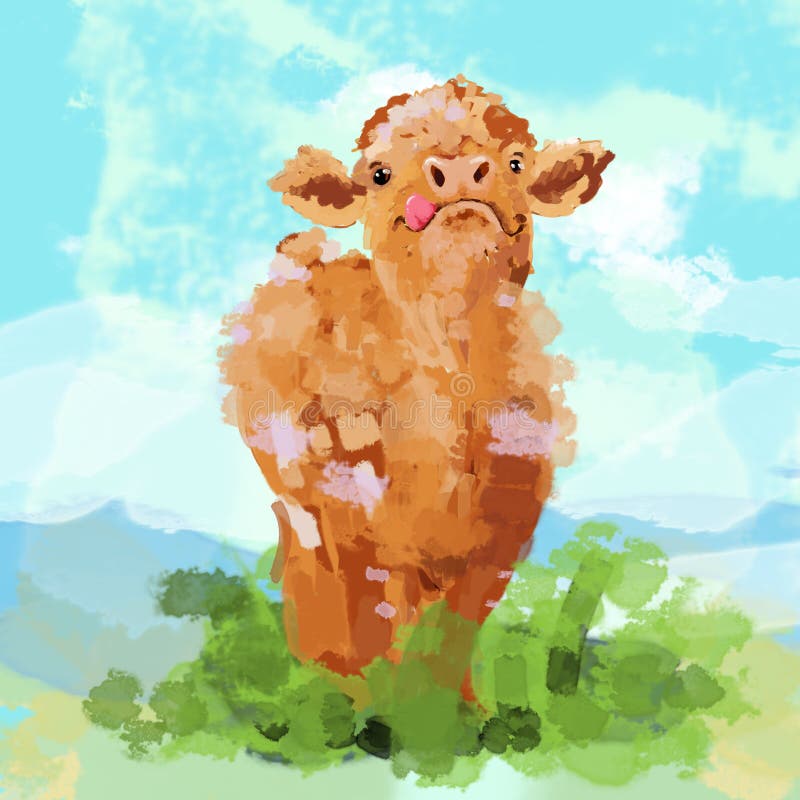 Nette abstrakte braune Kuhaquarellillustration mit abstraktem Gras und Himmel vektor abbildung