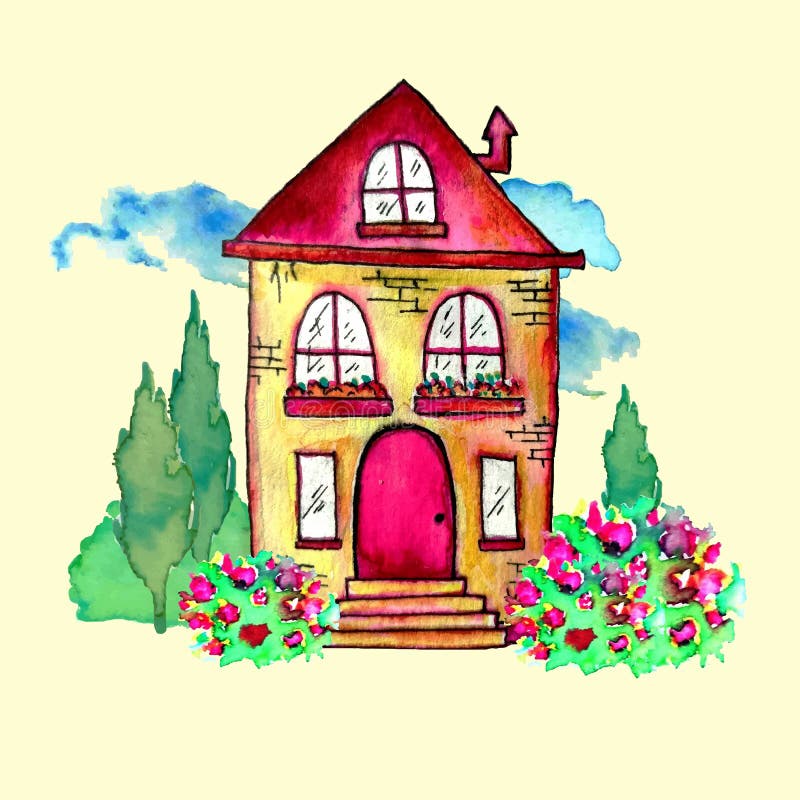Nette Aquarelllandschaft mit Haus und Garten Süßes Hauptkonzept Handgemalte Karte mit glücklichem Haus, blaue Wolken vektor abbildung Nette Aquarelllandschaft mit Haus und Garten Süßes Hauptkonzept Handgemalte Karte mit glücklichem Haus, blaue Wolken vektor abbildung