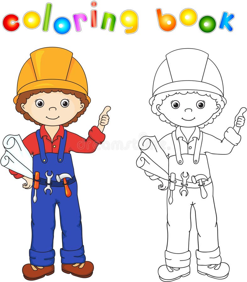 Nette Arbeitskraft oder Ingenieur in einer Uniform und Sturzhelm mit Werkzeugen und d vektor abbildung Nette Arbeitskraft oder Ingenieur in einer Uniform und Sturzhelm mit Werkzeugen und d vektor abbildung