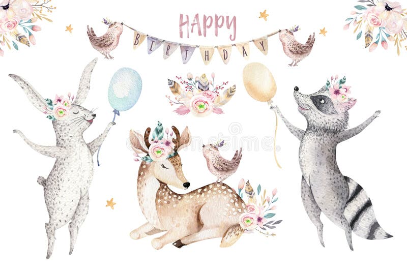Nette Babygiraffe, Rotwildtierkindertagesstättenmaus und Bär lokalisierten Illustration für Kinder Aquarell boho Waldkarikatur lizenzfreie abbildung Nette Babygiraffe, Rotwildtierkindertagesstättenmaus und Bär lokalisierten Illustration für Kinder Aquarell boho Waldkarikatur lizenzfreie abbildung
