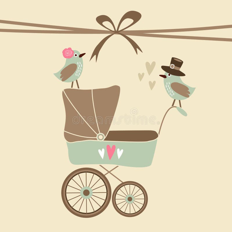 Nette Babypartyeinladung, Glückwunschkarte mit Kinderwagen und Vögel, Illustrationshintergrund stock abbildung Nette Babypartyeinladung, Glückwunschkarte mit Kinderwagen und Vögel, Illustrationshintergrund stock abbildung
