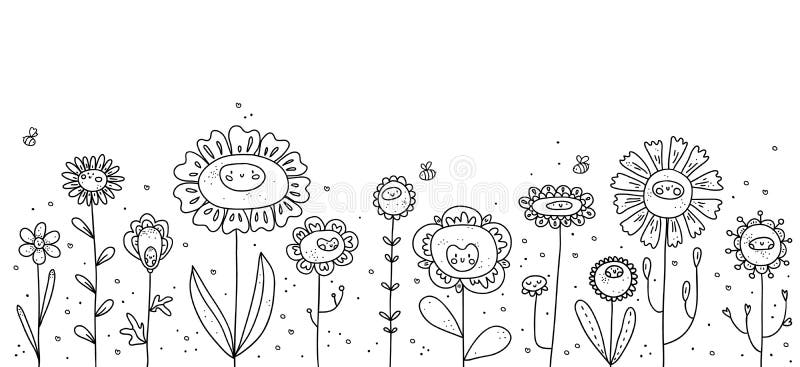 Nette Blumen Mit Gesichtern Und Bienen. Vektor Abbildung Illustration