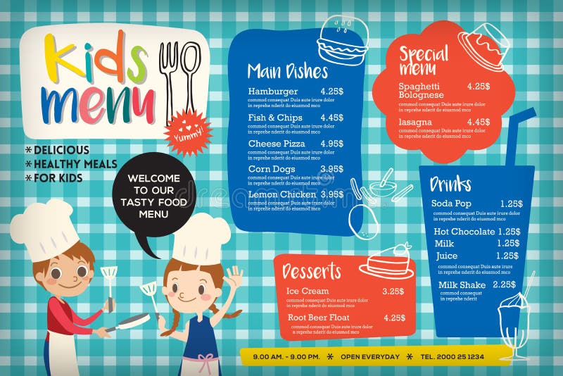 Cute colorful kids meal menu placemat vector template. Cute colorful kids meal menu placemat vector template