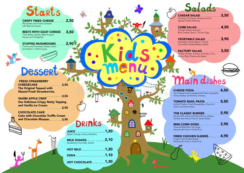 Cute colorful meal kids menu template with cute little monsters and tree house. Cute colorful meal kids menu template with cute little monsters and tree house