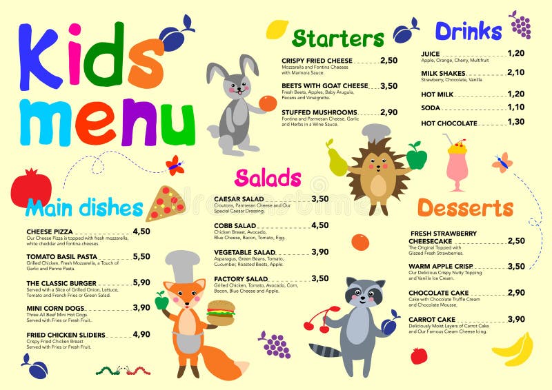 Cute colorful meal kids menu template with cute little monsters. For cafe, restaurant. Cute colorful meal kids menu template with cute little monsters. For cafe, restaurant