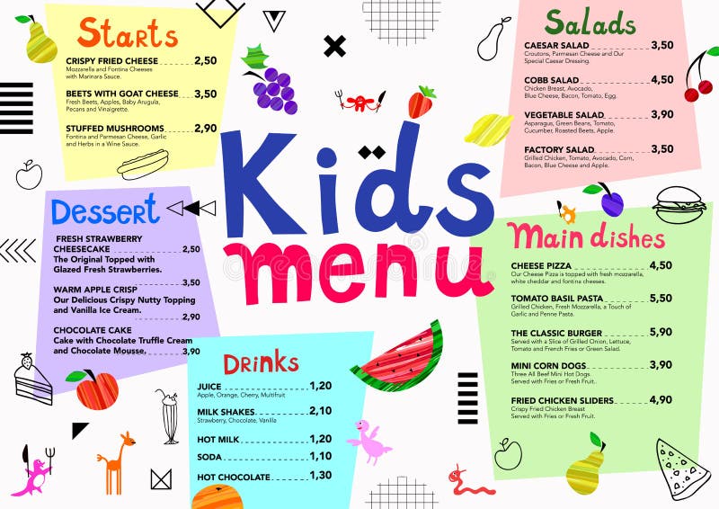 Cute colorful meal kids menu template with cute monsters, fruits, geometric elements. Vector illustration. Cute colorful meal kids menu template with cute monsters, fruits, geometric elements. Vector illustration