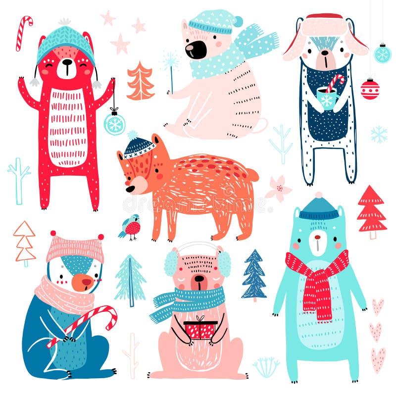 Nette Bären in der Winterkleidung Weihnachtsmotiv Kindische Zeichen-