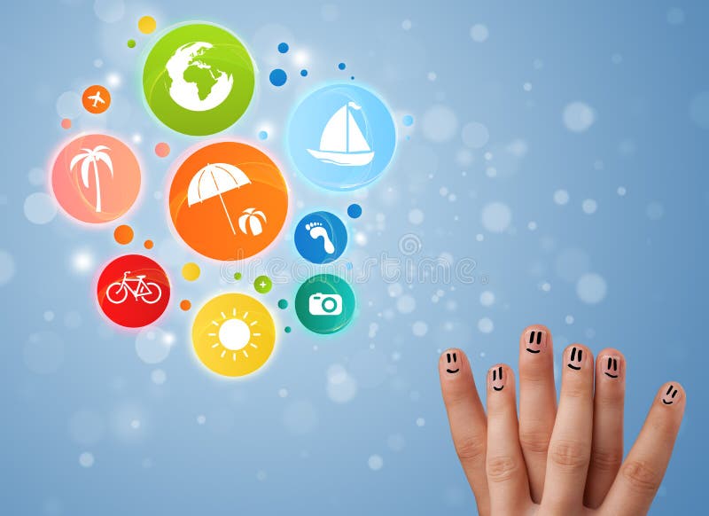 Nette Fingersmiley mit bunter Urlaubsreiseblasenikone stockfotos Nette Fingersmiley mit bunter Urlaubsreiseblasenikone stockfotos