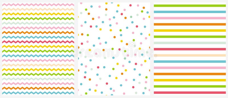 Nette geometrische nahtlose Vektor-Mehrfarbenmuster Rosa, blaue, gelbe und grüne Tupfen, kleines Chevron und vertikale Streifen lizenzfreie abbildung