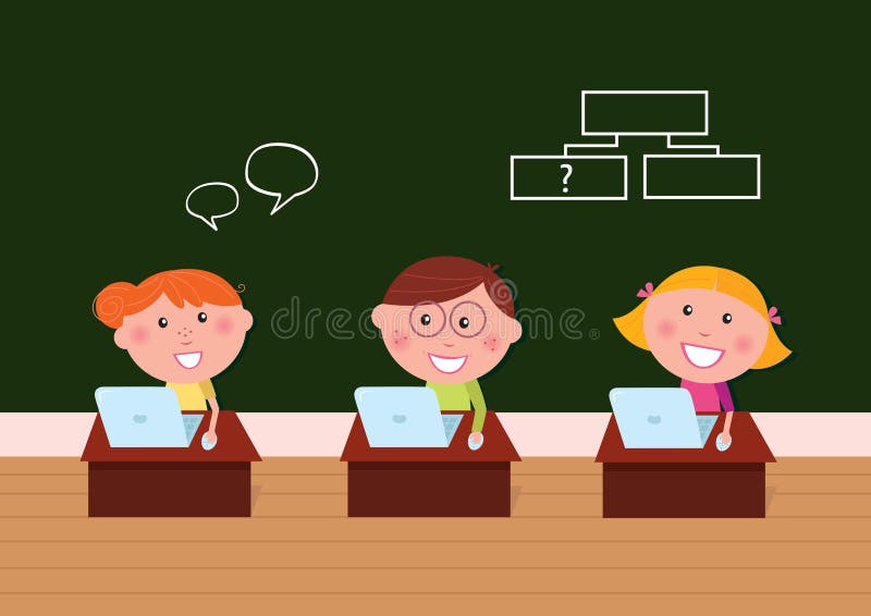 Nette glückliche Kinder im Klassenzimmer mit Laptop stock abbildung Nette glückliche Kinder im Klassenzimmer mit Laptop stock abbildung
