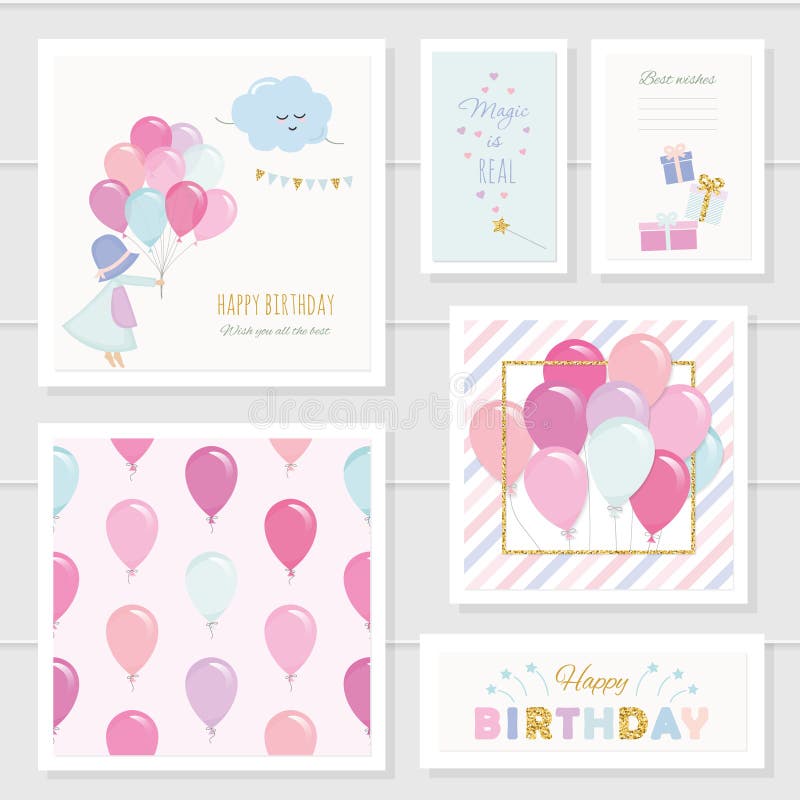 Nette Glückwunschkarten für Mädchen mit Funkelnelementen Enthaltenes nahtloses Muster mit bunten Ballonen watercolor stock abbildung Nette Glückwunschkarten für Mädchen mit Funkelnelementen Enthaltenes nahtloses Muster mit bunten Ballonen watercolor stock abbildung