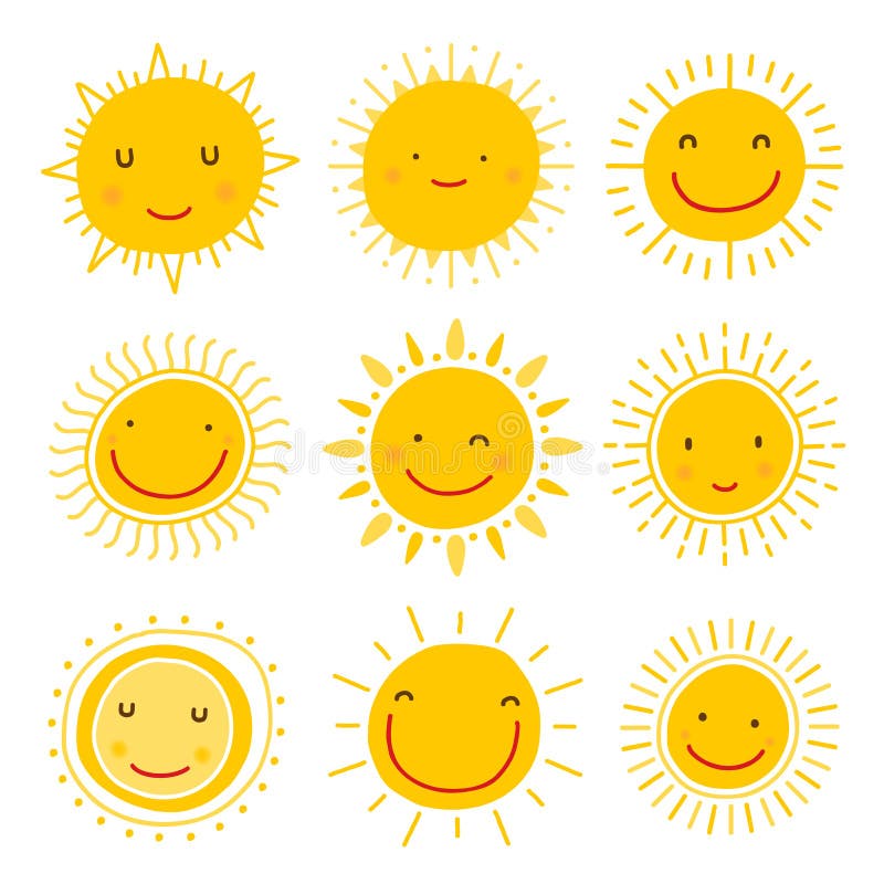 Nette Hand gezeichnete Sonnencharakter-Vektorsammlung lizenzfreie abbildung Nette Hand gezeichnete Sonnencharakter-Vektorsammlung lizenzfreie abbildung