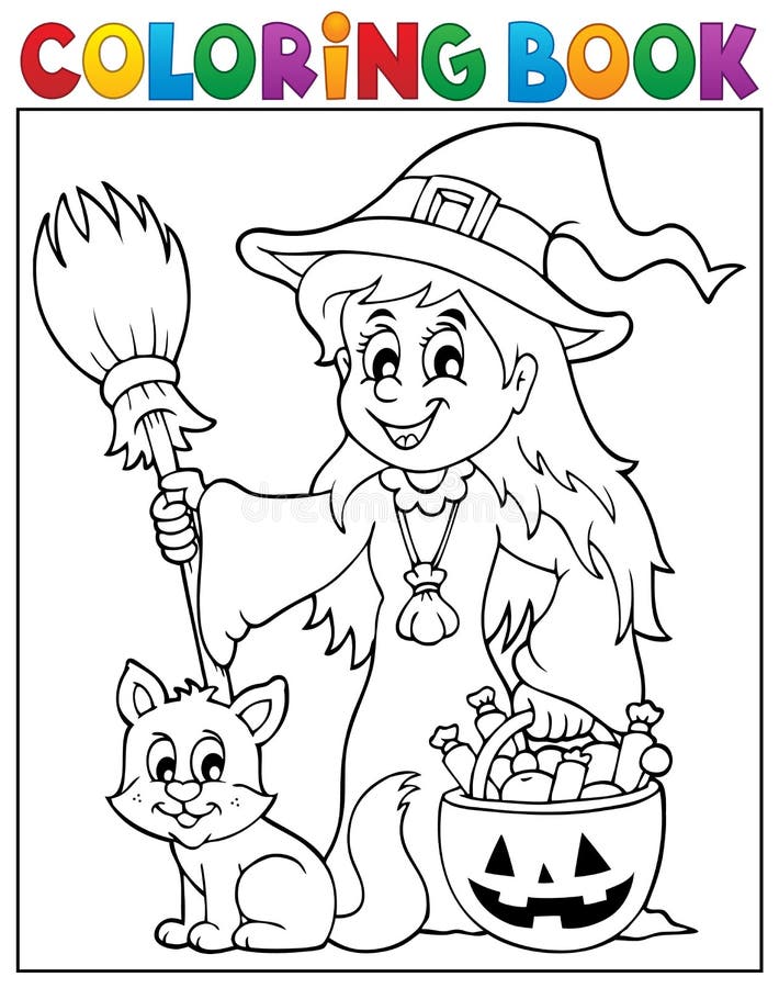 Nette Hexe und Katze des Malbuches stock abbildung Nette Hexe und Katze des Malbuches stock abbildung