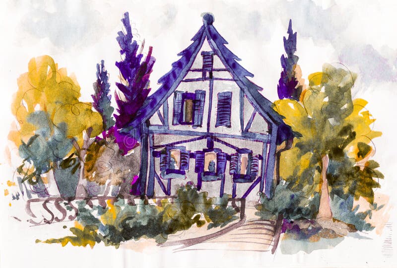 Nette Häuser mit Rot überdacht Aquarellgrafik stock abbildung Nette Häuser mit Rot überdacht Aquarellgrafik stock abbildung
