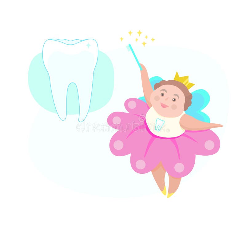 Nette Illustration mit lächelnder Zahnfee und -zähnen des Fliegens Vector Kind-` s Zahnheilkunde-Kunstkonzept in der flachen Art stock abbildung Nette Illustration mit lächelnder Zahnfee und -zähnen des Fliegens Vector Kind-` s Zahnheilkunde-Kunstkonzept in der flachen Art stock abbildung