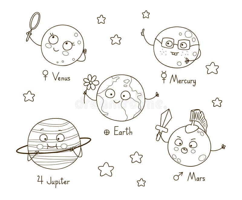 Cute cartoon planets for coloring book. Cute cartoon planets for coloring book